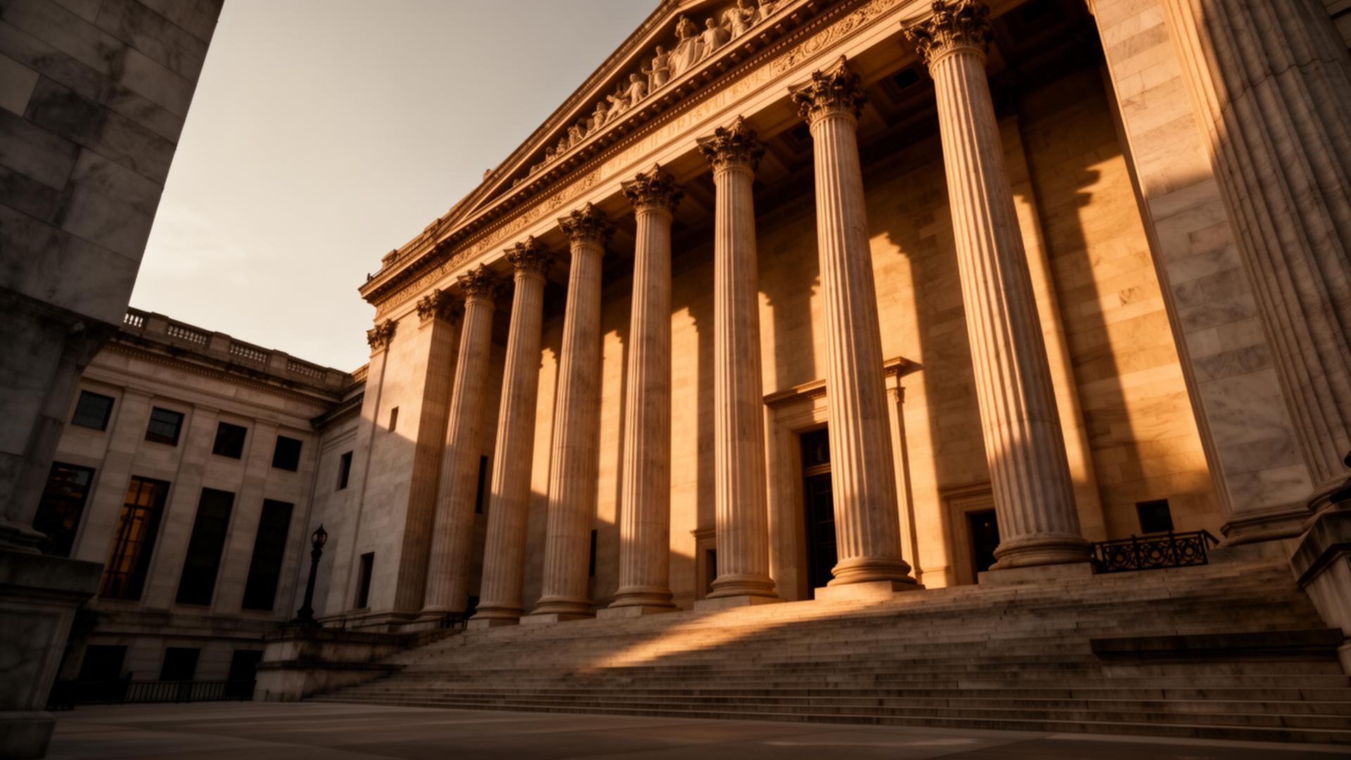Neoclassical courthouse architecture at golden hour